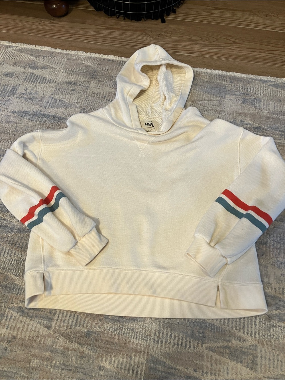 Madewell MWL Cream Hoodie with teal and orange striped sleeves